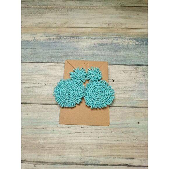 Turquoise Blue Seed Beads Double Disc EARRINGS Sunburst NWOT Handcrafted‎ - Picture 1 of 6